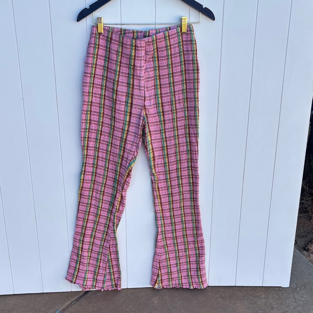 Free People Pink Plaid Boot Cut Pants